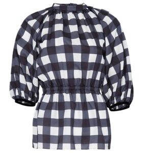 Mother of Pearl Navy White Plaid Velvet Tie Puff Sleeve Silk Blend Blouse Size 6